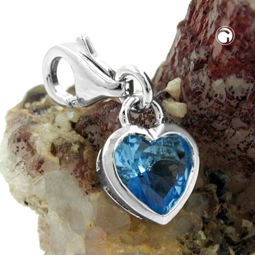 Pendentif argent sterling coeur zircon bleu vu de côté