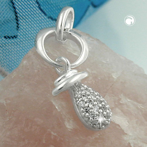 Pendentif tétine en argent 925 avec zirconias, détail du pendentif