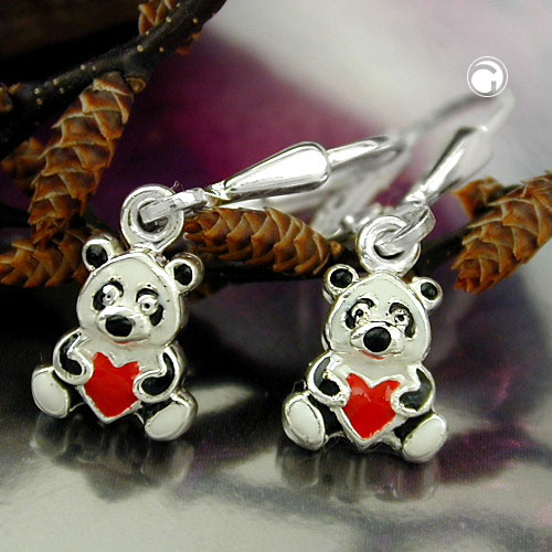 Paire de boucles d'oreilles argent sterling motif panda laqué multicolore