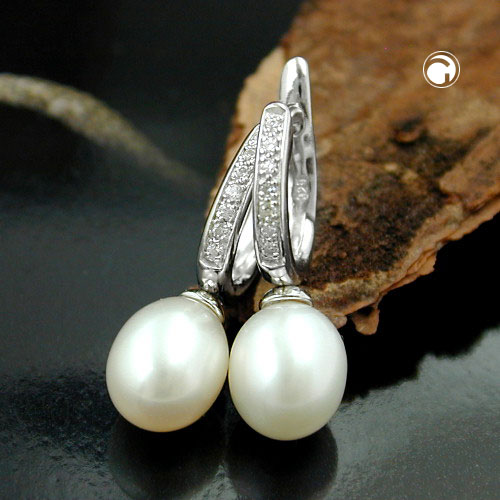 Paire de boucles d'oreilles hoop argent perle et zirconium