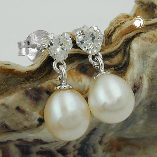 Paire de boucles d'oreilles argent sterling perle blanche zircon