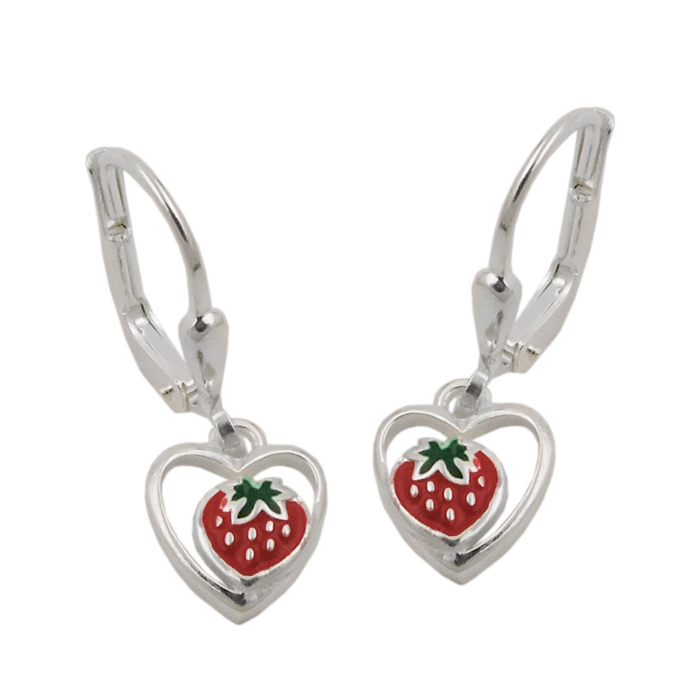 Boucles d'oreilles argent 925 en forme de fraise sur fond blanc