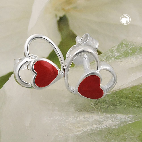 Paire de boucles d'oreilles argent sterling forme cœur rouge
