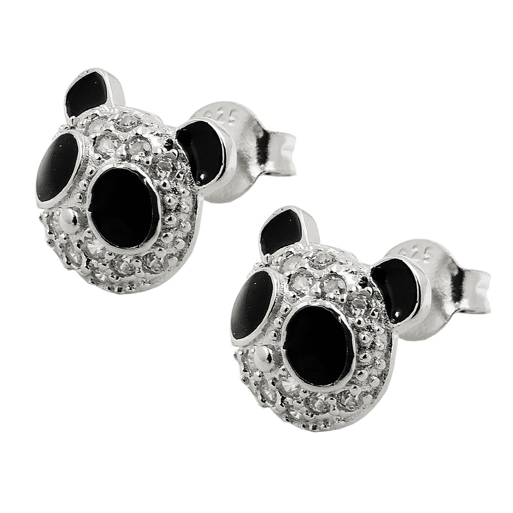 Boucles d'oreilles argent 925 tête de panda avec zirconias et laque noire