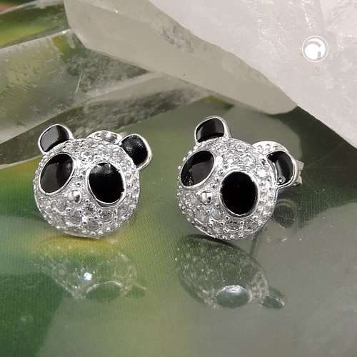 Paire de boucles d'oreilles argent panda, détails noirs et zirconias scintillants