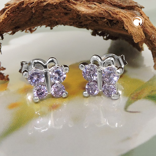 Boucles d'oreilles puce argent zirkonia lavande sur fond blanc