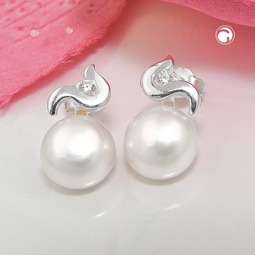 Paire de boucles d'oreilles argent sterling perle 9mm zirconium