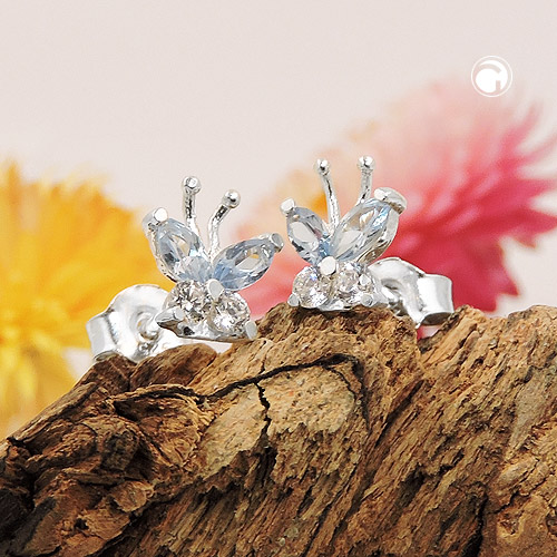 Studs argent sterling avec zirconium blanc et aquamarine synthétique