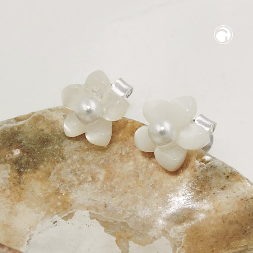Boucles d'oreilles argent sterling fleur perle vue de côté