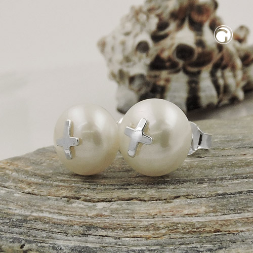 Boucles d'oreilles argent sterling forme croix avec perle
