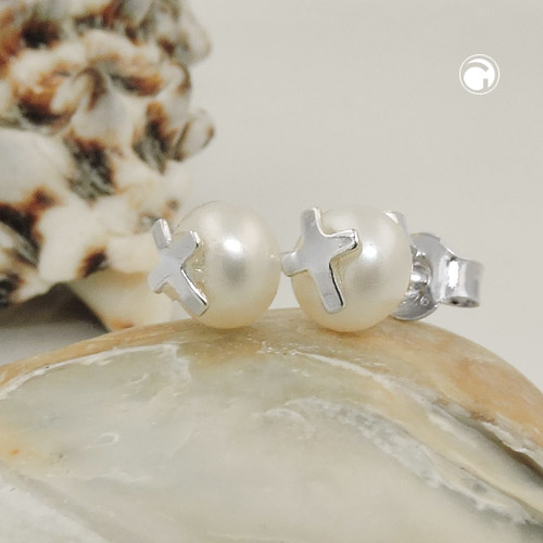 Paire de dormeuses argent sterling croix perle