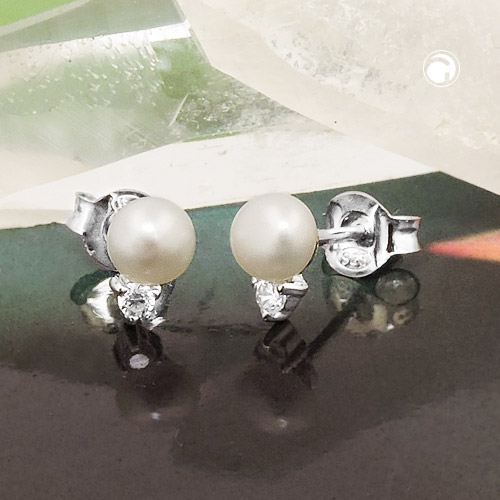 Paire de boucles d'oreilles argent sterling perle blanche et zircone