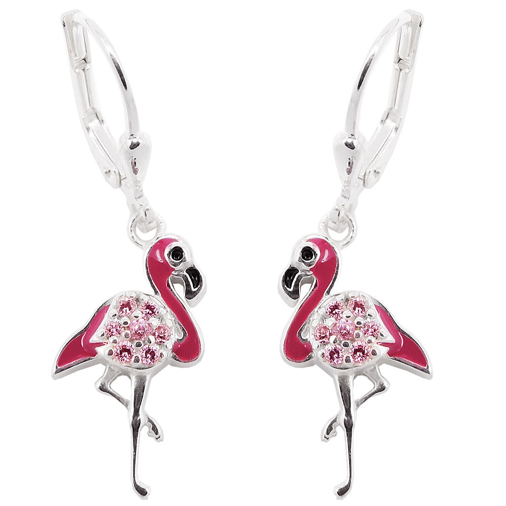 Boucles d'oreilles argent 925 flamant rose vue face