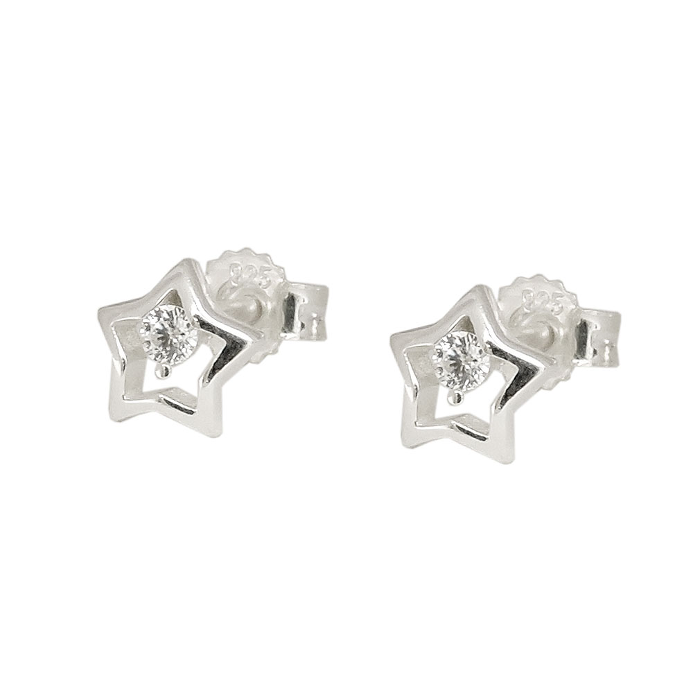 Boucles d'oreilles argent 925 étoile zirconium sur fond blanc