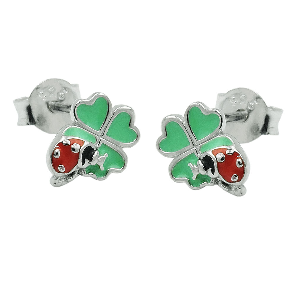 Boucles d'oreilles argent 925 trèfle scarabée vue de face