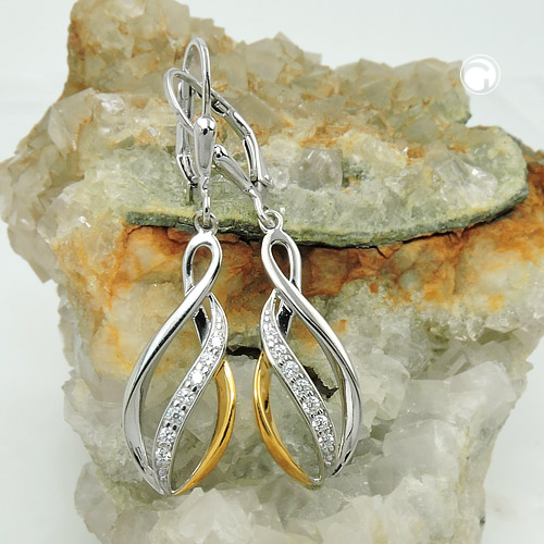 Boucles d'oreilles argent sterling bicolores CZ, fermoir puce, vue de profil