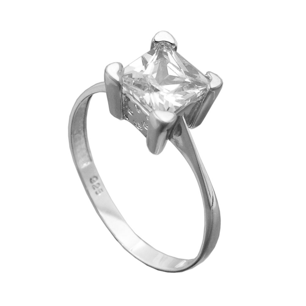 Bague argent 925 solitaire cubic zirconia carré 6mm chaton 8mm