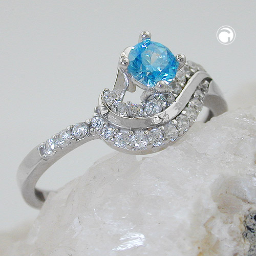 Bague argent sterling zirconia aqua et blanc sur fond neutre