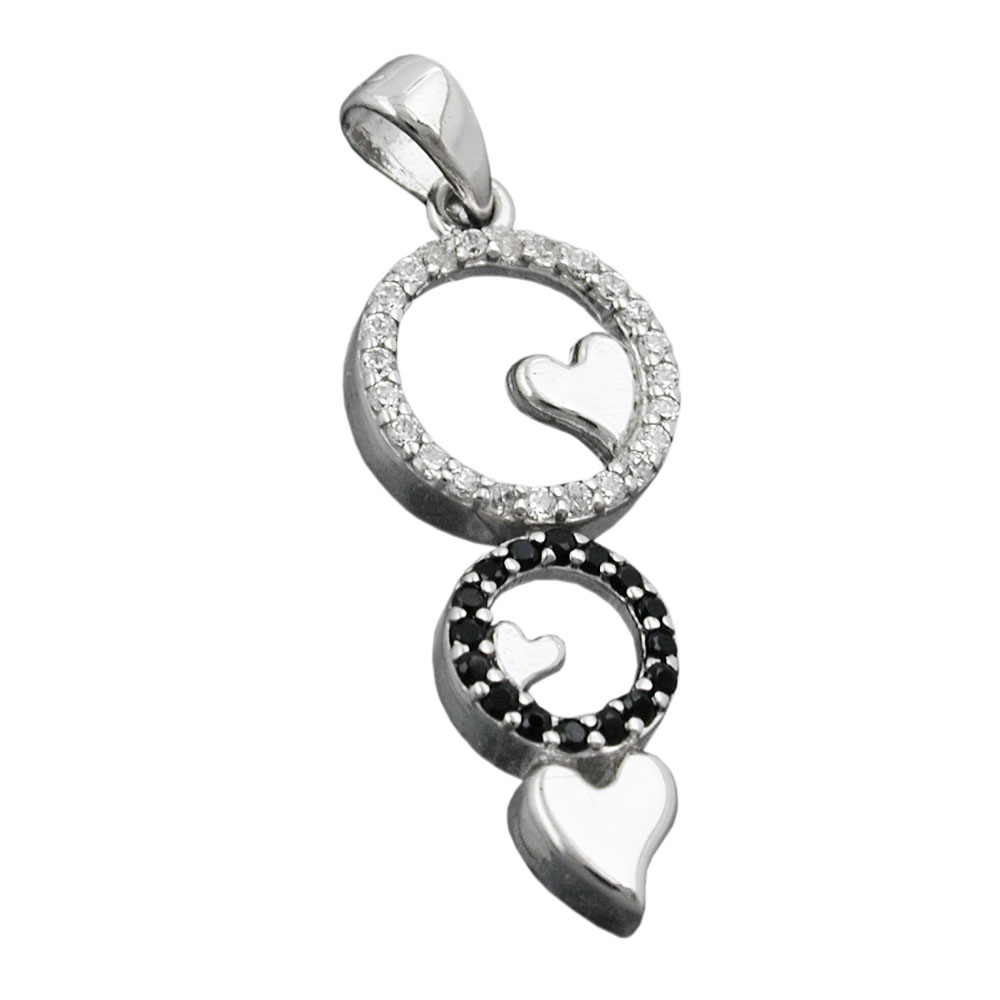Pendentif argent 925 trois cœurs avec zirconias blancs et noirs