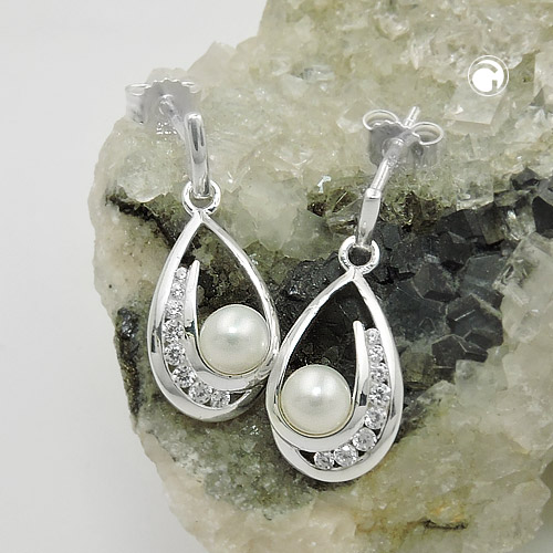 Studs argent sterling perle blanche zircon vue de profil