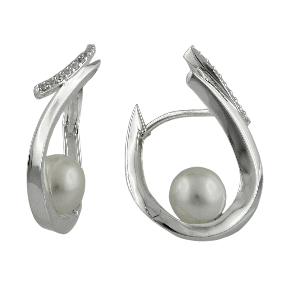 Boucles d'oreilles argent 925 hoop avec zirconium cubique et perle