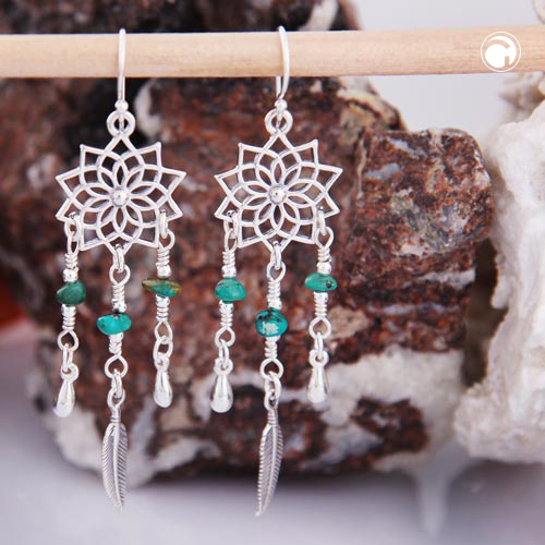 Paire de boucles d'oreilles argent sterling et turquoise sur fond blanc